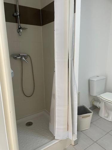 une douche avec un rideau de douche dans une salle de bain dans l'établissement appartement cosy, à Vayres