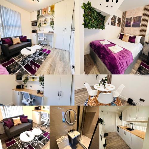a collage of photos of a bedroom and a living room at Newly renovated luxury Private En-Suite Room in Harborne Park Road - Birmingham R3 in Birmingham