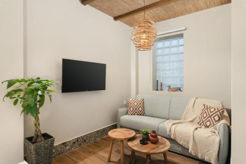 a living room with a couch and a tv at Raviewha Luxury Apartments in Ravdhoúkha