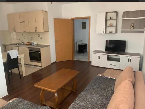 ein Wohnzimmer mit einem Sofa und einer Küche in der Unterkunft Besmir in Pristina