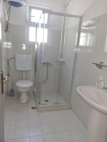 a bathroom with a shower and a toilet and a sink at Sun Ray Sivota 3 in Syvota