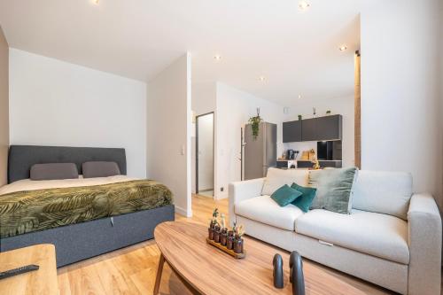 a living room with a bed and a couch at Renovated Studio walking distance to Paris in Montrouge