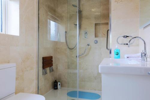uma casa de banho com um chuveiro, um WC e um lavatório. em Elegant and contemporary large 3 bedroom home em Dublin