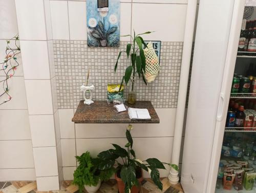 a bathroom with plants on a tiled wall at Pousada Executiva SolRiso Aeroporto Florianópolis in Florianópolis