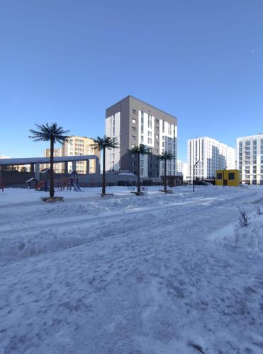 a snow covered street with palm trees and buildings at Miami in Taldykolʼ