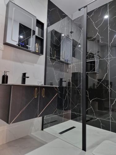 ein Badezimmer mit Dusche mit Glastür in der Unterkunft TAG Apartament in Timişoara