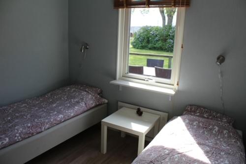 a small bedroom with two beds and a window at Sandby Pensionat in Löttorp