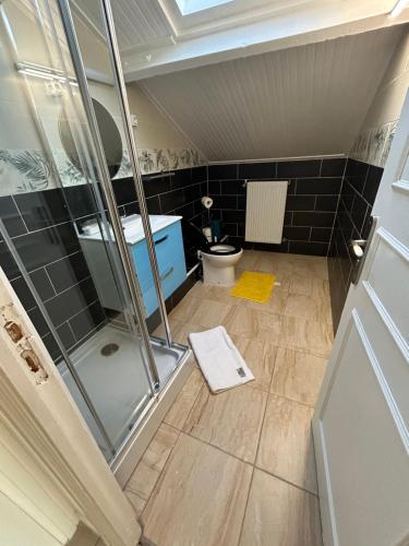 La salle de bains est pourvue d'une douche et de toilettes. dans l'établissement Chez Chantou à Pierrefitte sur Seine, à Pierrefitte-sur-Seine