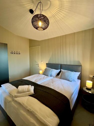 a bedroom with a large bed and a chandelier at Villa Maslinik in Kaštelir