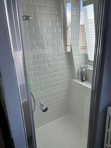 La petite salle de bains est pourvue d'une douche et d'un lavabo. dans l'établissement Appartement sur les toits de Paris vue Tour Eiffel 4 chambres, à Paris
