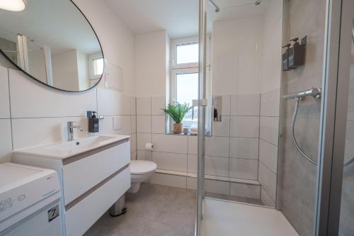 uma casa de banho com um WC, um lavatório e um espelho. em BENVILLE Freital - WLAN - Nespresso Kaffee - Windbergblick em Freital