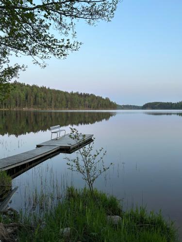 un banco sentado en un muelle en un lago en Sauna cabin in the heart of Nuuksio National Park - Mökki Nuuksiossa, en Espoo
