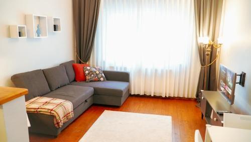 a living room with a couch and a large window at Central Duplex Gem near Taksim & Galata Port in Istanbul