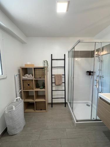 La salle de bains est pourvue d'une douche et d'une cabine de douche en verre. dans l'établissement La Bastide Saint Pierre T2 - Jardin, à Roquebrune-sur Argens