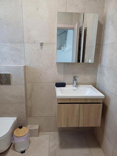 a bathroom with a sink and a mirror and a toilet at TEGEA LUXURY SUITES Athena in Tripolis