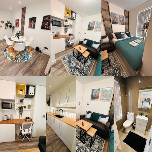 uma colagem de quatro fotografias de um quarto em R2 - Newly renovated Luxury Private En-Suite Room in Harborne Park Road - Birmingham em Birmingham