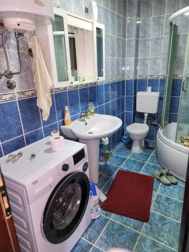 uma casa de banho com uma máquina de lavar roupa e um lavatório em Sarajevo Garden BBQ Villa with Parking em Vogošća