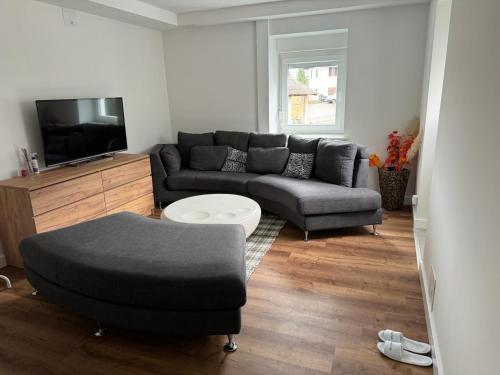 sala de estar con sofá y TV en Apartment Deluxe Rosenheim Top 2 