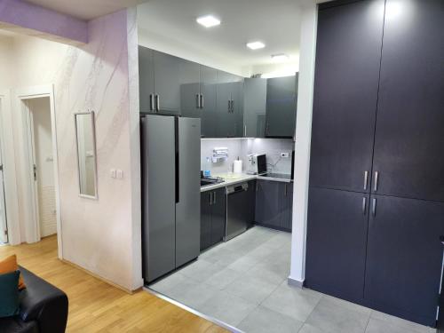 een keuken met grijze kasten en een zwarte koelkast bij Apartman Relja in Novi Banovci
