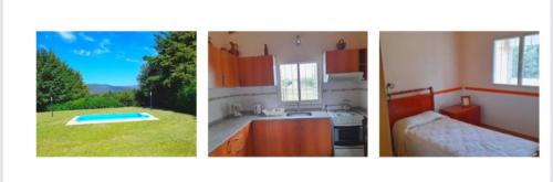 three pictures of a kitchen and a bathroom with a pool at Casa en Potrero de Garay in Potrero de Garay
