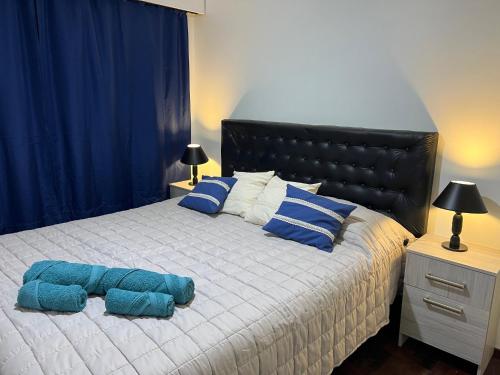 a bedroom with a large bed with blue pillows at Mendoza Center in Mendoza