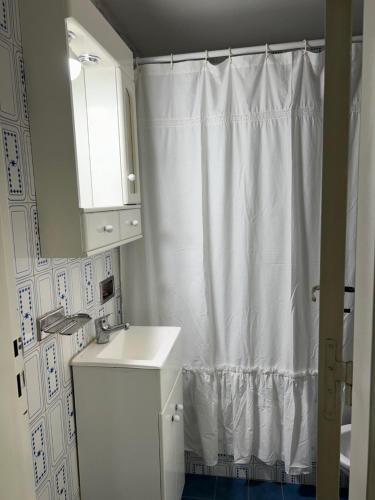 a bathroom with a white shower curtain and a sink at Mendoza Center in Mendoza