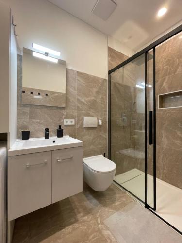 ein Bad mit einem WC, einem Waschbecken und einer Dusche in der Unterkunft Kleine moderne 3-Bett Wohnung/Apartment 