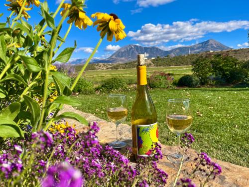 two glasses of white wine sitting on a table with flowers at Cosmo Glamping Tent at Zenzen Gardens in Paonia