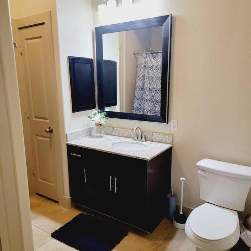 a bathroom with a sink and a toilet and a mirror at Relaxing Pool View Apt Reliant Stadium/Medical Center in Houston