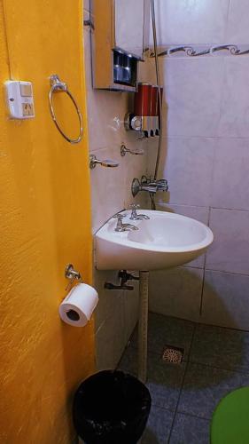 a bathroom with a sink and a toilet at Departamentos Lina in El Bolsón