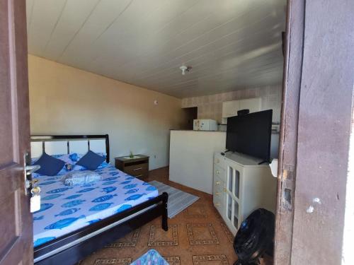聖佩德羅－達阿爾德亞的住宿－Kitnet em ambiente familiar，一间小卧室,配有一张床和电视