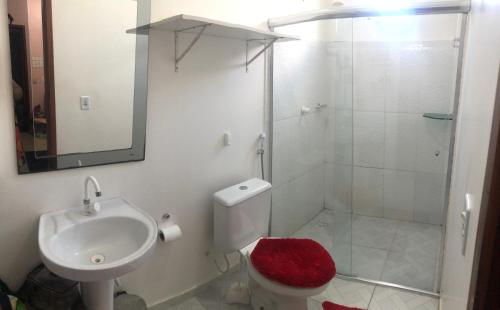 ein Bad mit einer Dusche, einem WC und einem Waschbecken in der Unterkunft Aluguel festival de Parintins in Parintins