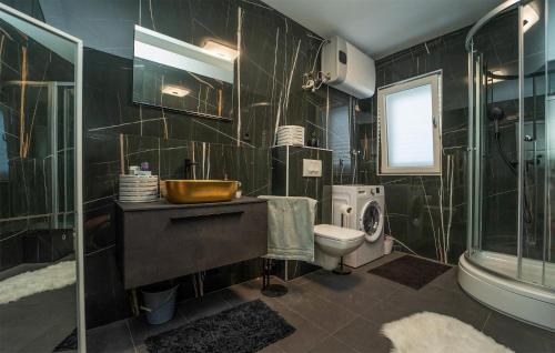 een badkamer met een wastafel, een toilet en een douche bij Stunning Home In Vela Luka With Kitchen in Vela Luka