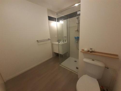 ein weißes Bad mit einem WC und einer Dusche in der Unterkunft Appartement Anglet, 2 pièces, 4 personnes - FR-1-239-1021 in Anglet