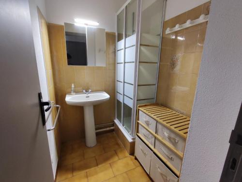 une petite salle de bain avec un lavabo et une douche dans l'établissement Appartement avec Piscine, Tennis, et Parking - Proche Plages et Commerces - Idéal Familles - FR-1-776-70, à Argelès-sur-Mer