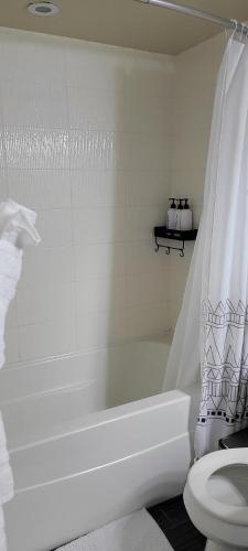 a white bathroom with a tub and a toilet at Smart Stylish Downtown Condo- 2 bedrooms in Saskatoon