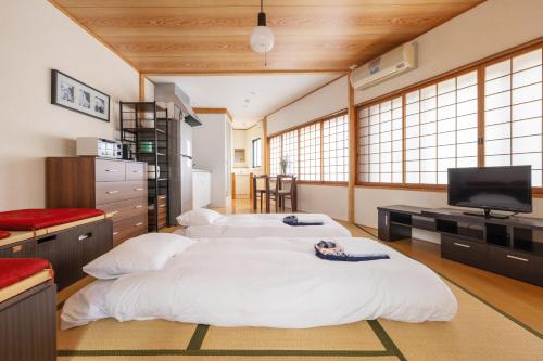 two large beds in a room with a television at Corner House in Nozawa Onsen