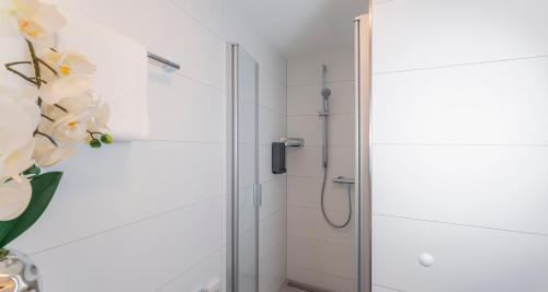 a shower with a glass door in a bathroom at PLAZA INN Karlsruhe Nord in Karlsruhe