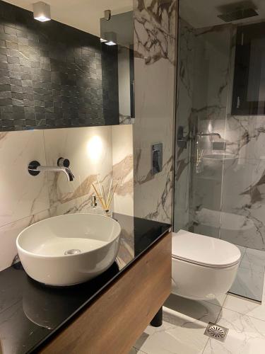 a bathroom with a sink and a toilet at Sea-side Mountain Villa in Iraklitsa
