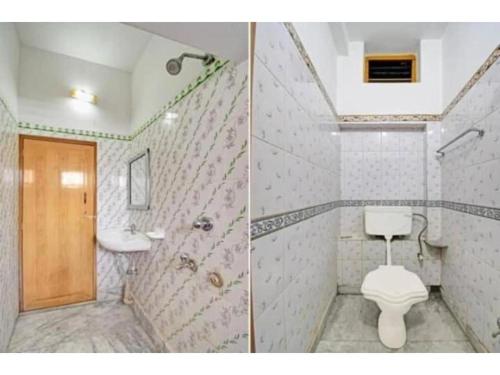 two pictures of a bathroom with a toilet and a shower at Goroomgo Indranil Digha in Digha