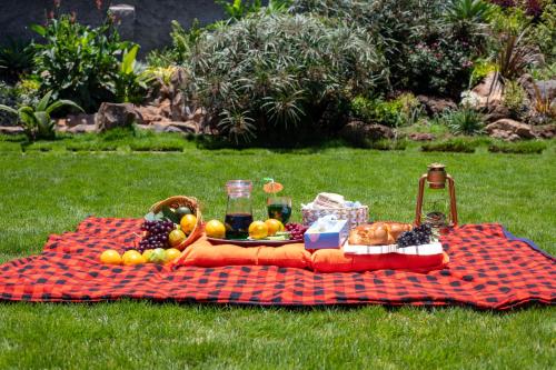 a picnic blanket with fruit and juice on a field at Eldorado Rustic Hotel in Nakuru