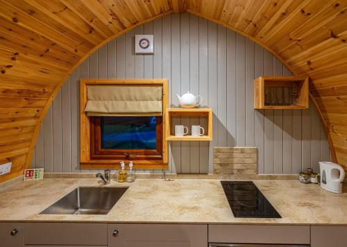 a kitchen with a sink and a stove in a cabin at Missing Link Glamping in East Grinstead
