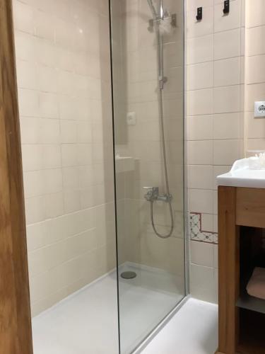 W łazience znajduje się prysznic ze szklanymi drzwiami. w obiekcie SaberAmar City & Ria & More w mieście Aveiro