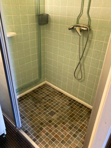 a shower with a tile floor in a bathroom at Sérénité in Biscarrosse