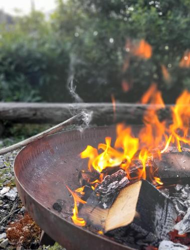 a fire in a pot with flames in it at Biobauernhof Lacken in Strohmarkt