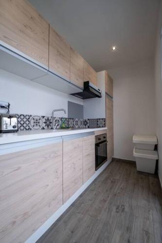 une grande cuisine avec des placards en bois et un évier dans l'établissement Le Trianon - Parking Privé, à Reims