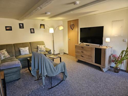 een woonkamer met een bank en een flatscreen-tv bij Ferienwohnung Goldstr.7 in Quedlinburg