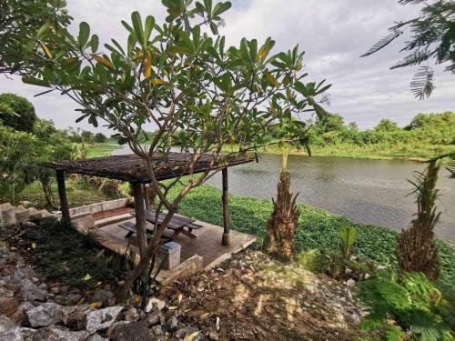 uma mesa de piquenique ao lado de um rio com uma árvore em Baantidnam em Ban Thung Tho