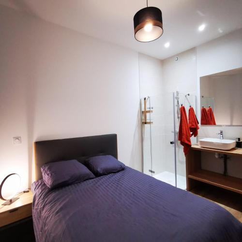 1 dormitorio con 1 cama y baño con lavamanos en Appartement T2 Beauvais Cathédrale Saint-Pierre, en Beauvais