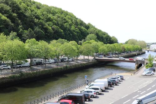a row of cars parked next to a river at Les rives de l'odet, vue rivière in Quimper